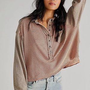 Free People Rock With Me Polo Rose Smoke Stripe Long Sleeve Large Top